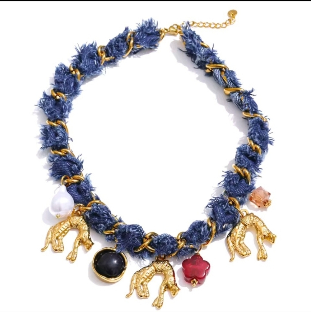 New! Denim Leopard Charm Necklace 18k Gold Plated | NWOT - Picture 2 of 8